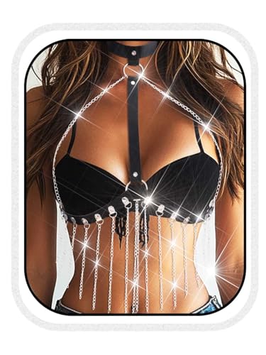 BODIY Punk Leather Chest Belt Silver Tassel Waist Belt Black Chest Harness Rave Adjustable Body Accessories for Women