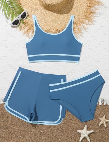 KORADI Girls Swimsuits 3 Piece Bathing Suit Bikini Set with Sporty Shorts High Waist Bikini Beach Swimwear 8-14 Years3