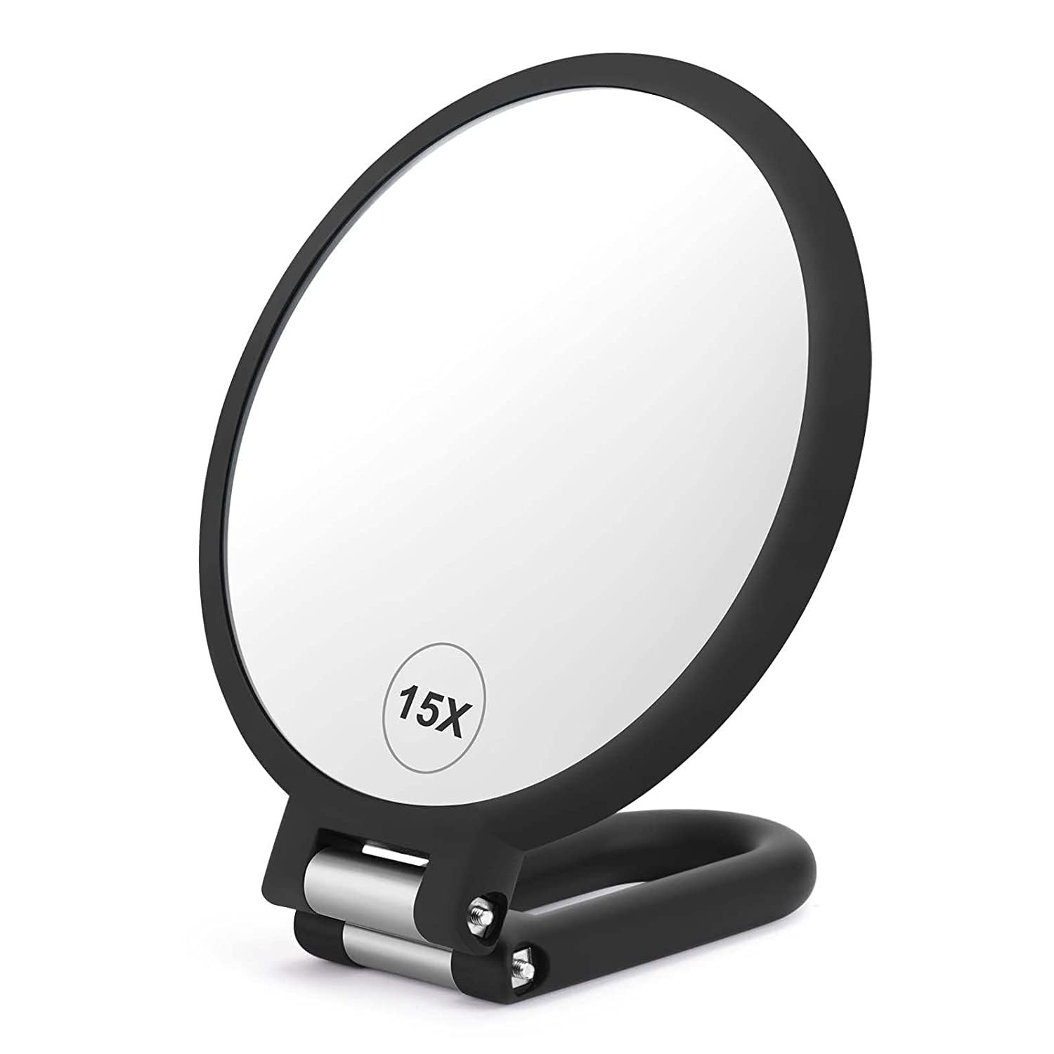 Duomama Portable 15x Magnifying Hand Mirror with Adjustable Handle - Double-Sided Makeup Mirror for Travel - Foldable Compact Design - Ideal for Makeup and Grooming Go Out (Black)