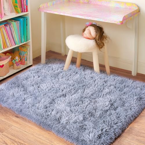 Small Rugs for Bedroom, Fluffy 2x3 Rug Throw Non Slip for Bedside Dorm Kids Room, Plush Comfy Shag Carpet for Home Decor Aesthetic, Grey