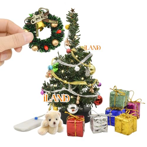 iLAND Dollhouse Accessories of Christmas Decorations, Shining Miniature Christmas Tree w/Gifts fit Elf Door & Fairy Door on 1:12 Scale