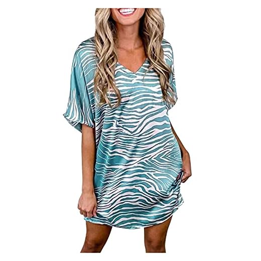 poliy Klänningar damer sommar dammode V-ringad tryckt kort ärm lös klänning avslappnad fritidsklänning överdimensionerade klänningar stora storlekar damer, Grön, XXL