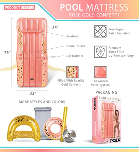 Poza Inflatable Giant Pool Mattress - Sparkle Confetti Luxury Pool Float With Cup Holder, Headrest, Phone Holder, Kid And Adult Floats For Swimming Pool Lounger, Lake, Or Beach - 76X32 Inch Rose Gold #TOP2