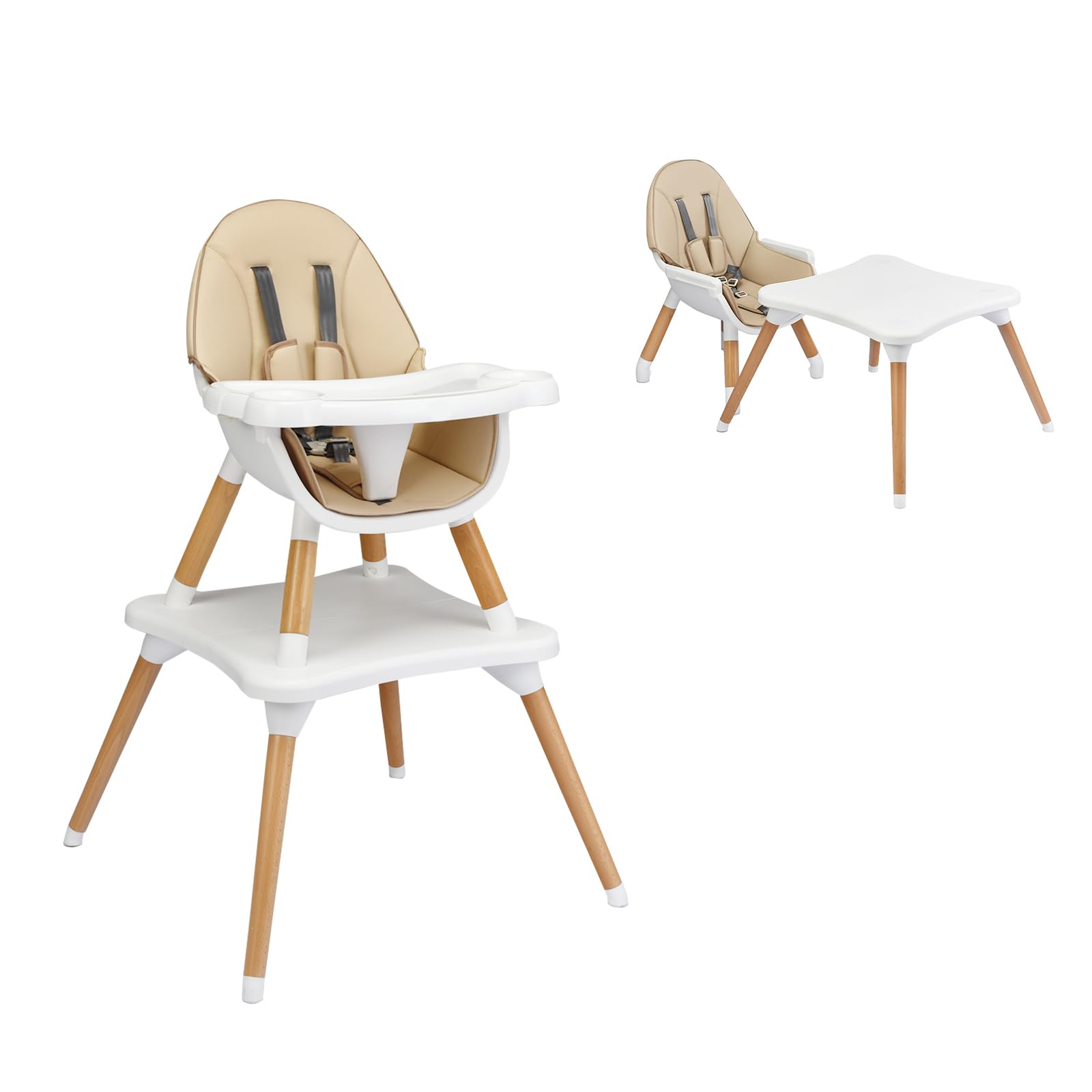LIFEZEAL Tronas 2 en 1 de bebés, silla de comer, asiento elevador con con cinturón de seguridad y bandeja extraíble, trona transformable en mesa y silla, apto de 6 meses a 3 años (Caqui)