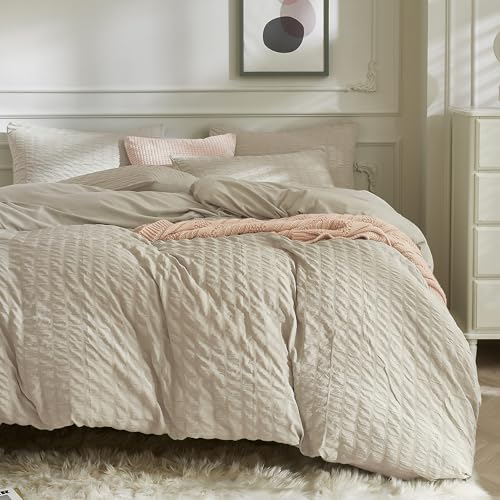Image of JELLYMONI Light Khaki Duvet Cover Full Size, 3pcs Washed Microfiber Bedding Set, Soft Breathable Seersucker Duvet Cover Set with Zipper Closure and Corner Ties for All Seasons