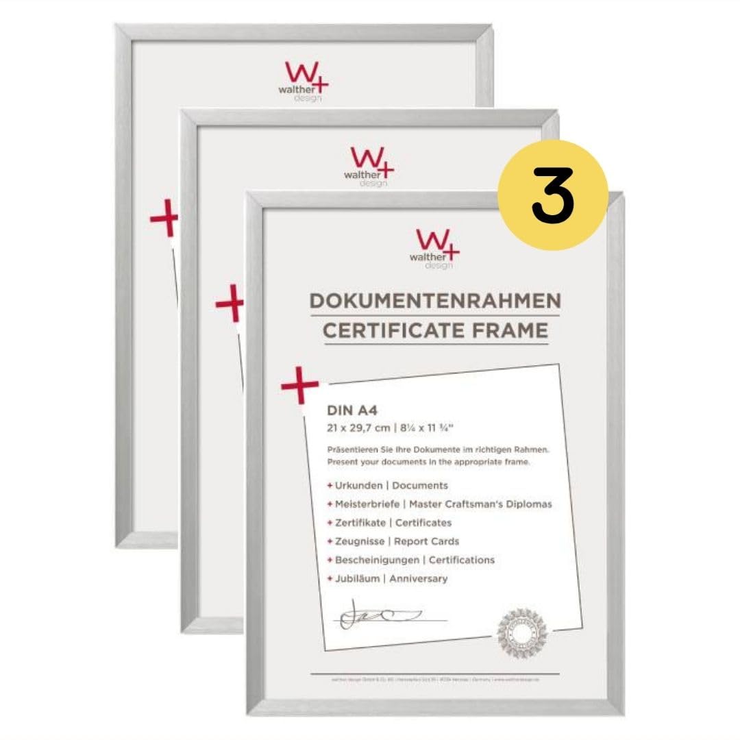 walther design Bilderrahmen silber 21 x 29,7 cm (DIN A4) Aluminium Dokumentenrahmen 3er Pack, Chair Alurahmen AJ130S3