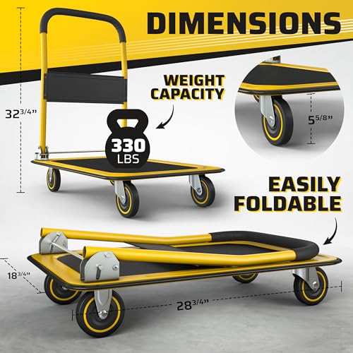 Image of Heavy Duty Foldable Push Cart Dolly | 330 lbs. Capacity | Upgraded Collapsible Hand Truck Folding Platform with Swivel Wheels | Flat Bed Moving Wagon | Space Saving Push Handle (Yellow)