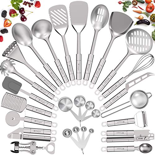 Stainless Steel Kitchen Utensil Set- Fungun 28 Pcs Cooking Utensils - Nonstick Kitchen Utensils Cookware Set with Spatula - Best Kitchen Gadgets Kitchen Tools Kitchen Accessories