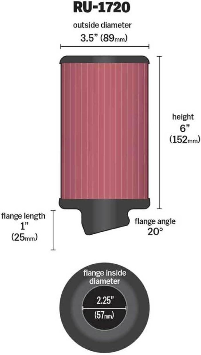 K&N High-Flow Original Lifetime Universal Clamp-On Air Filter: High Performance, Premium, Washable: Flange Diameter: 2.25 In, Filter Height: 6 In, Flange Length: 1 In, Shape: Round, RU-1720