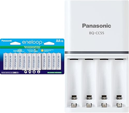 Eneloop Panasonic BK-3MCCA16FA AA 2100 Ciclo Ni-MH Baterías recargables precargadas y batería individual avanzada BQ-CC55SBA Cargador rápido de 3