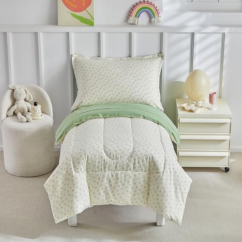 Image of DuShow Toddler Bedding Set for Girls and Boys,4 Piece Bed-in-a-Bag Toddler Comforter Sets,Green Floral Crib Bedding Sheets Set,Include Quilt Comforter,Flat Sheet,Fitted Sheet,Pillowcase