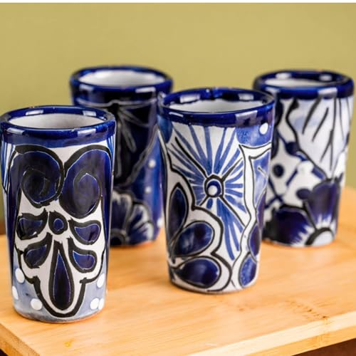 Image of Talavera Shot Glasses Set of 4 Authentic Mexican Tequila Shot Glasses - Hand-painted - 2 Oz (Classic Talavera Blue)