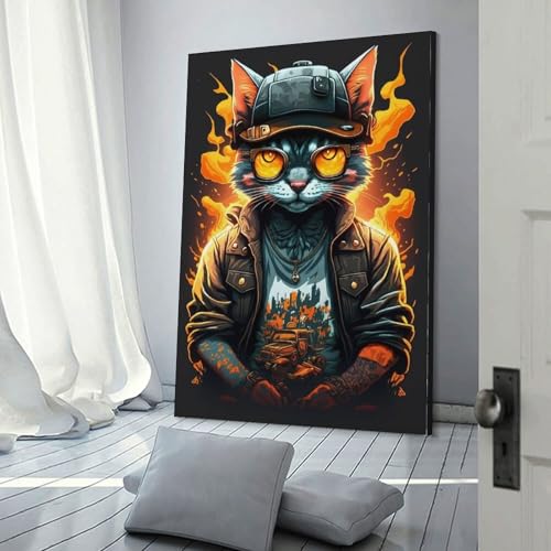 Peinture sur toile chat de feu cyberpunk 30x45cm décoration moderne