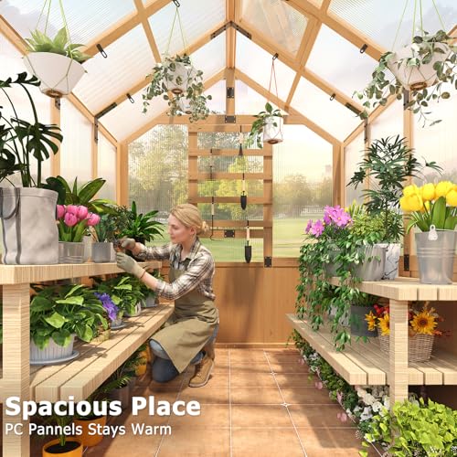 Image of EROMMY 6x8 FT Wooden Greenhouse for Outdoors, Walk-in Greenhouse Kit with 4mm Polycarbonate Panels, Adjustable Roof Vent, Lockable Door, Outdoor Greenhouse for Backyard Garden