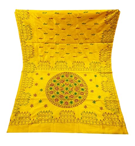 Image of SHRISTI CLOTHINGS Women's Hand Embroidered Cotton Silk Kantha Stitch Saree with Blouse Piece (J420824 YELLOWD92)