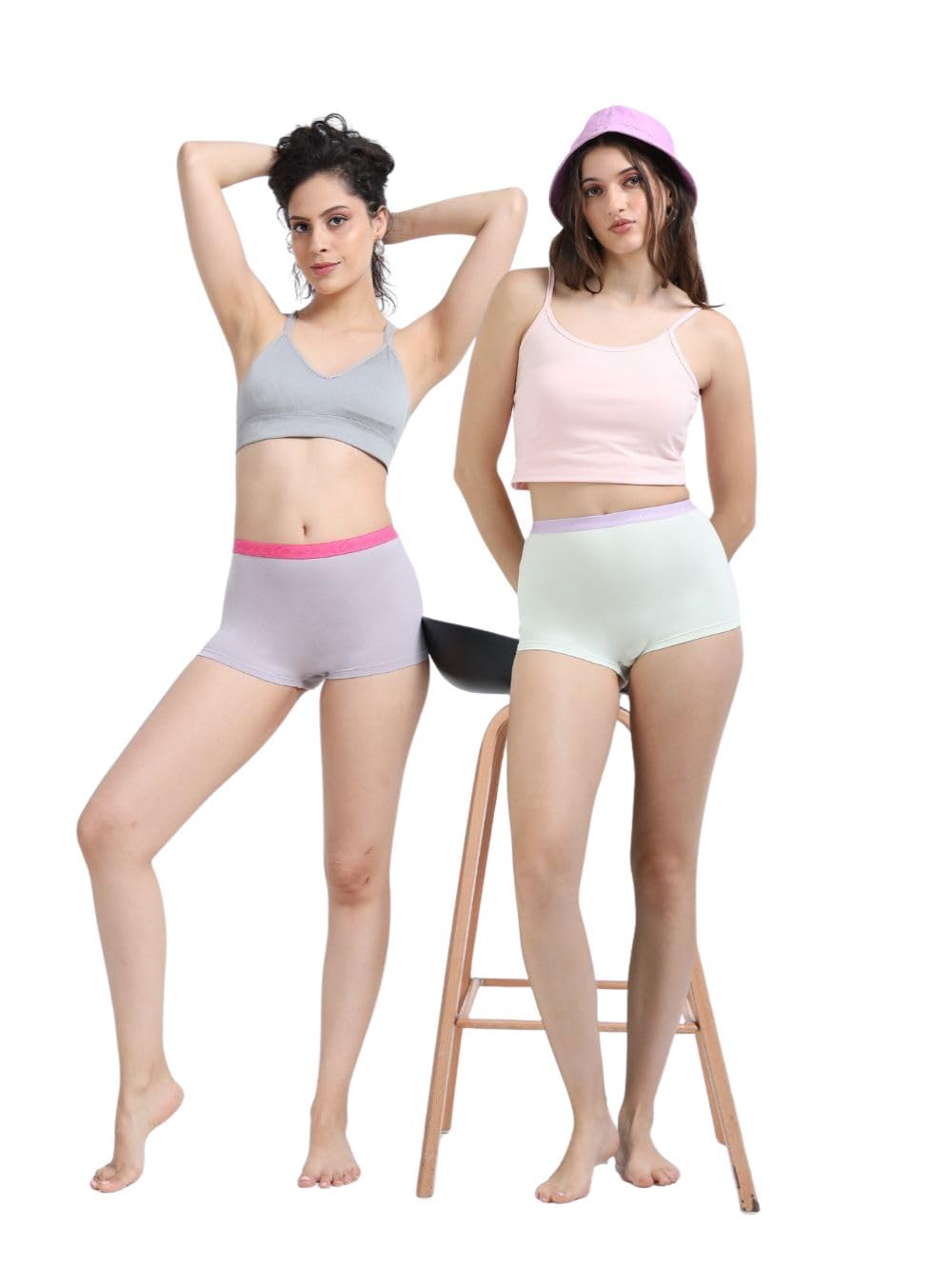Gull Grey and Canary Green Organic Cotton Boy Shorts Outer Waistband for Women - Pack of 2-image-25