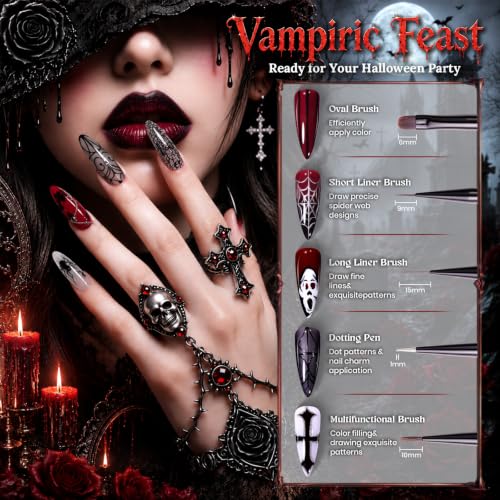 Image of Beetles Halloween Nail Art Brushes Set, 5Pcs Nail Liner Brushes, Dotting Tools,Fingernail Art Design Pens with Holder&Palette for Gel Polish, Spider Web, Blood Drip and DIY Salon Dark Romance Designs