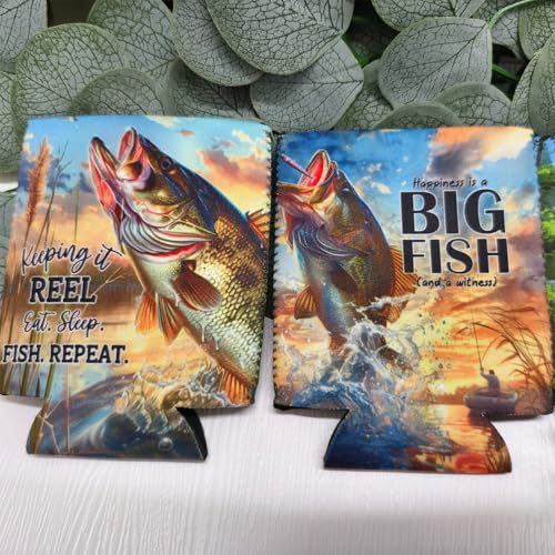 Pop Nordic Fishing Can Cooler - Funny Beer Can Sleeves 6 Pack Neoprene Insulated Beer Cozy Bulk for Father's Day Decor Fishing Essentials Gifts for Men
