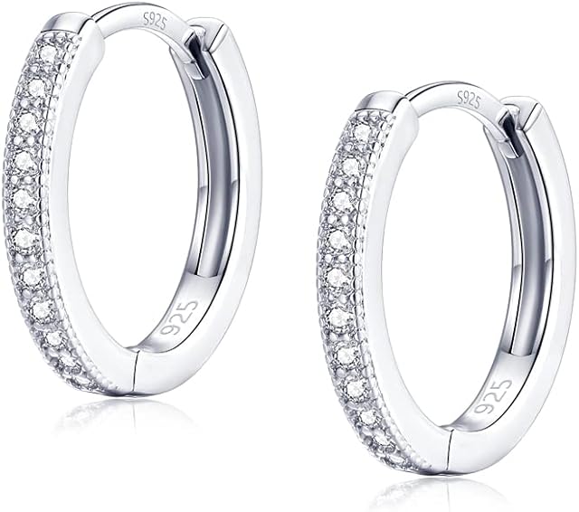 SAKUNALA Silver Hoops Earrings for Women, 925 Sterling Silver Small Sleeper Hoop Earrings, Silver Huggie Hinged Earrings, Hypoallergenic Cubic Zirconia Hoop Earrings, Silver / Gold / Rose Gold