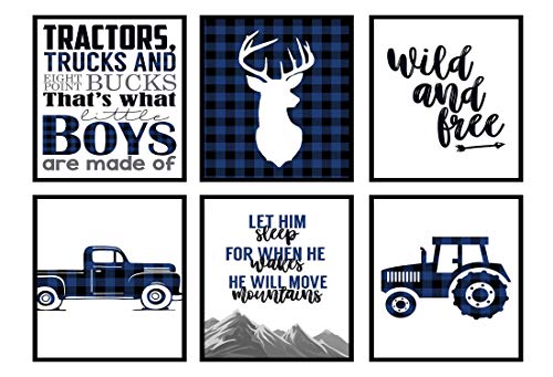Image of Silly Goose Gifts Navy Blue Buffalo Plaid Deer Tractor Truck Themed Children Wall Decor (Set of Six) Stag Hunting