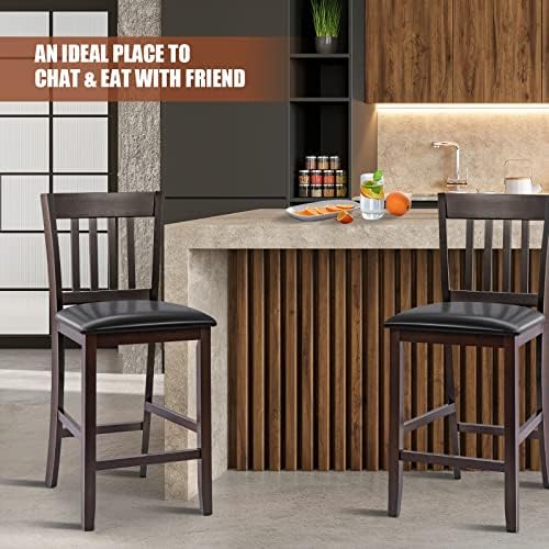 COSTWAY Bar Stool Set of 2, Upholstered Seat Counter Height Chairs with PU Cover, Backrest & Footrest, Rubber Wood Breakfast Barstools for Home Kitchen Dining Room Pub