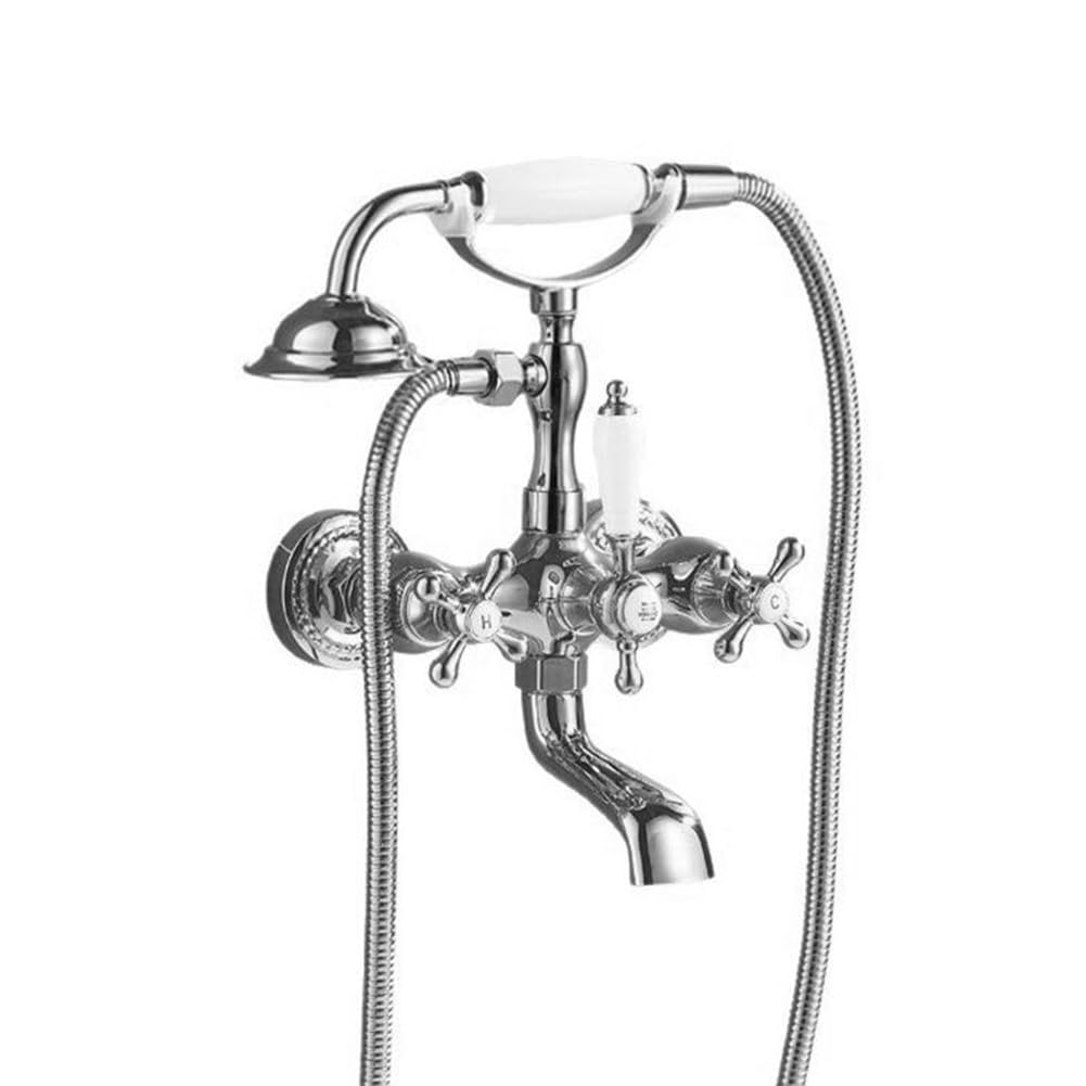Grifo De Bañera Latón Dos Mandos Grifo De Ducha Con Ducha De Mano Retro Antique Estilo Montaje En Pared Mezclador De Baño Y Ducha, 150 Cm Manguera, Cromado
