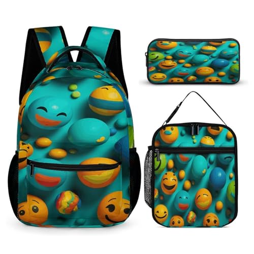 Smiley Face Printed Backpack With Lunch Pack Storage Box Case 3pcs Lightweight Travel Backpack