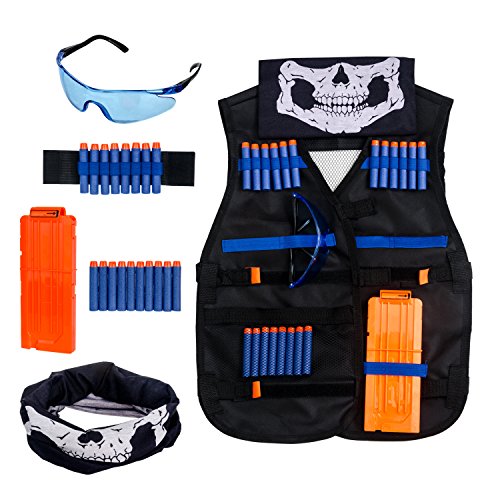 Krisvie Gilet Tactique Enfants, Kit de Veste Gilet Jungle de Camouflage pour Nerf N-Strike Série d'élite de Bataill, avec 12 Fléchettes, 1 Masque & 1 Lunettes de Protection etc(Noir) Cover