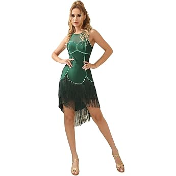 ROYAL SMEELA Tassel Latin Dress Women's Rhinestone Salsa Dress Salsa Dance Dress Women's Rumba Samba Dance Dresses Green Tang
