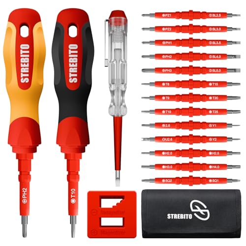 STREBITO 1000V Insulated Screwdriver, 30 in 1 Insulated Electrical Screwdriver Set with Interchangeable Double-ended Bits, Ergonomic Handle, Magnetic Design Electrical Tools for Electrician Household