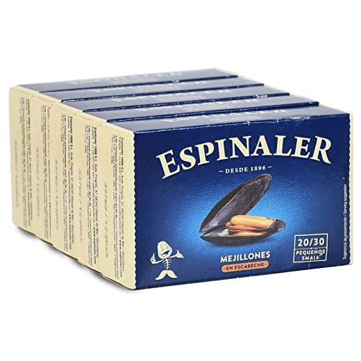 Mejillones en escabeche Espinaler - Pack de 5 latas de 20-30 mejillones - Conservas Gourmet de mejillones - Mejillones en conserva para tu aperitivo