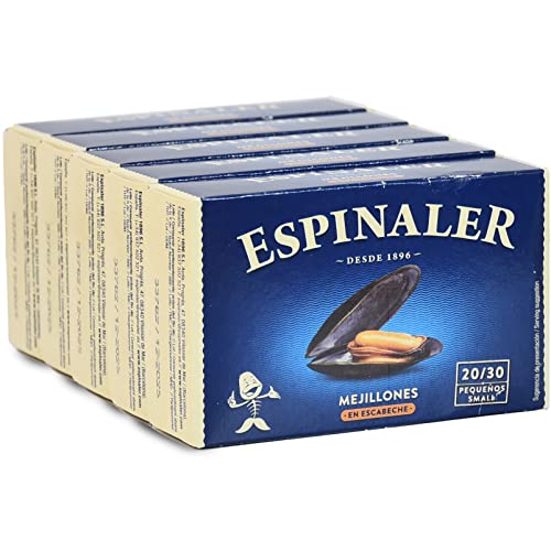 Mejillones en escabeche Espinaler - Pack de 5 latas de 20-30 mejillones - Conservas Gourmet de mejillones - Mejillones en conserva para tu aperitivo