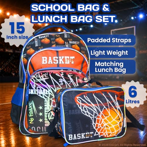 Image of Basketball School Bag Combo Set for Boys | 15 Inch Sports Backpack with Matching Lunch Bag | Lightweight Waterproof |School Essentials for Nursery, Kindergarten & Primary Students