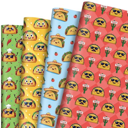 Pineraap 12 Sheets Taco Wrapping Paper, Funny Gift Wrap Mexican Food Themed Gift Packing Paper for Birthday Party Holiday Baby Shower, 20 x 28 Inch