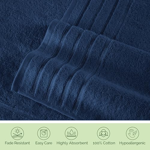 Image of Elegant Comfort 100% Turkish Cotton 4 Lines Viscose Stripe Luxury 4 Pack Hand Towel Set - Ultra Absorbent and Soft 16 x 28 Inch Premium Hotel Spa Quality Towels for Everyday Bath Use, Navy Blue