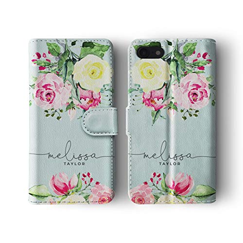 Tirita Personalised Initials Custom Phone Case Compatible with iPhone 7/8 / SE 2020 / SE 2022 Wallet Leather Flip Shabby Chic Floral Watercolour Pastel Bouquet