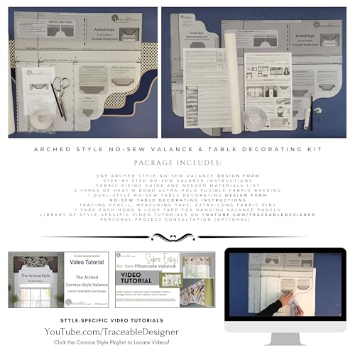 Traceable Designer No-Sew Arched Cornice Valance Kit, Patented No-Sew Trace-Cut-Hang Design Form for Precision Shaping Without a Sewing Machine, Creates Tailored Window Toppers, Fits Curtain Rods