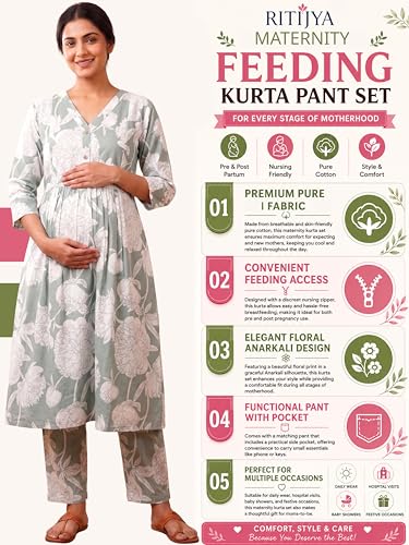 Image of RITIJYA Pure Cotton Feeding Kurta Pant Set for Women | Floral Anarkali Pregnancy Dress with Concealed Nursing Zipper Side Pocket | Pre & Post Partum | Maternity Dresses | Baby Shower Outfit