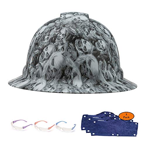 Full Brim Hard Hat, Zombie Skull Tattoo Design Safety Helmet 6pt + 3pk Blue Hard Hat Sweatband + 3 Pairs Safety Glasses, by AcerPal Full Brim Hard Hat, Zombie Skull Tattoo Design Safety Helmet 6pt + 3pk Blue Hard Hat Sweatband + 3 Pairs Safety Glasses, by AcerPal