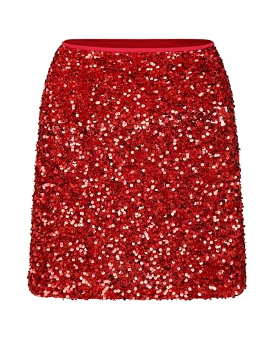 Shestellar Womens High Waisted Sequin Skirt A-Line Sparkly Glitter Mini Skirts for Party Club Night Out Red M