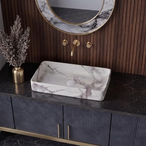 Image of Designer Table Top Wash Basin For Bathroom | Wash Basin Over Counter | Countertop Bathroom Sink (24 x 14 x 5 Inch) (Designer White Grey)