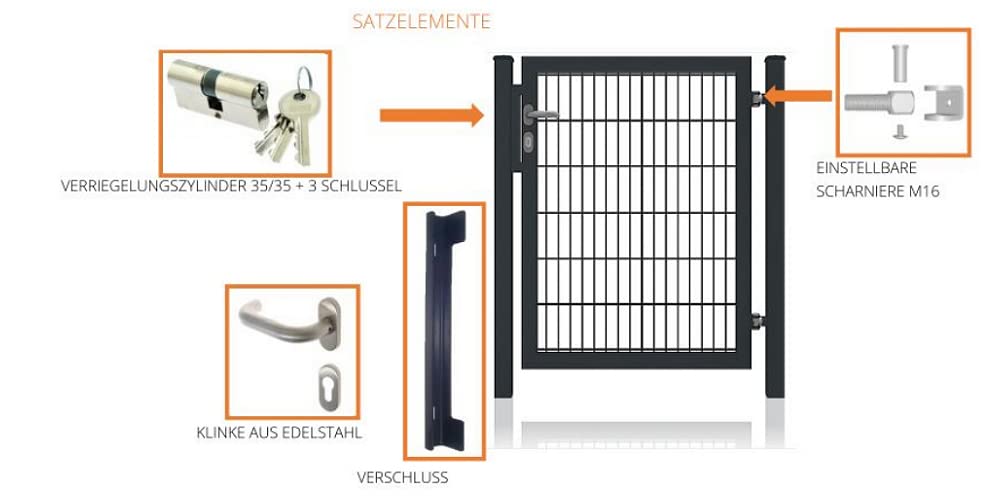 Gartentor Premium für Doppelstabmattenzaun Anthrazit inkl. Schloss Schlüssel Torpfosten Füllung 8/6/8 Höhe: Höhe 1800 mm Torbreite: Breite 1500 mm