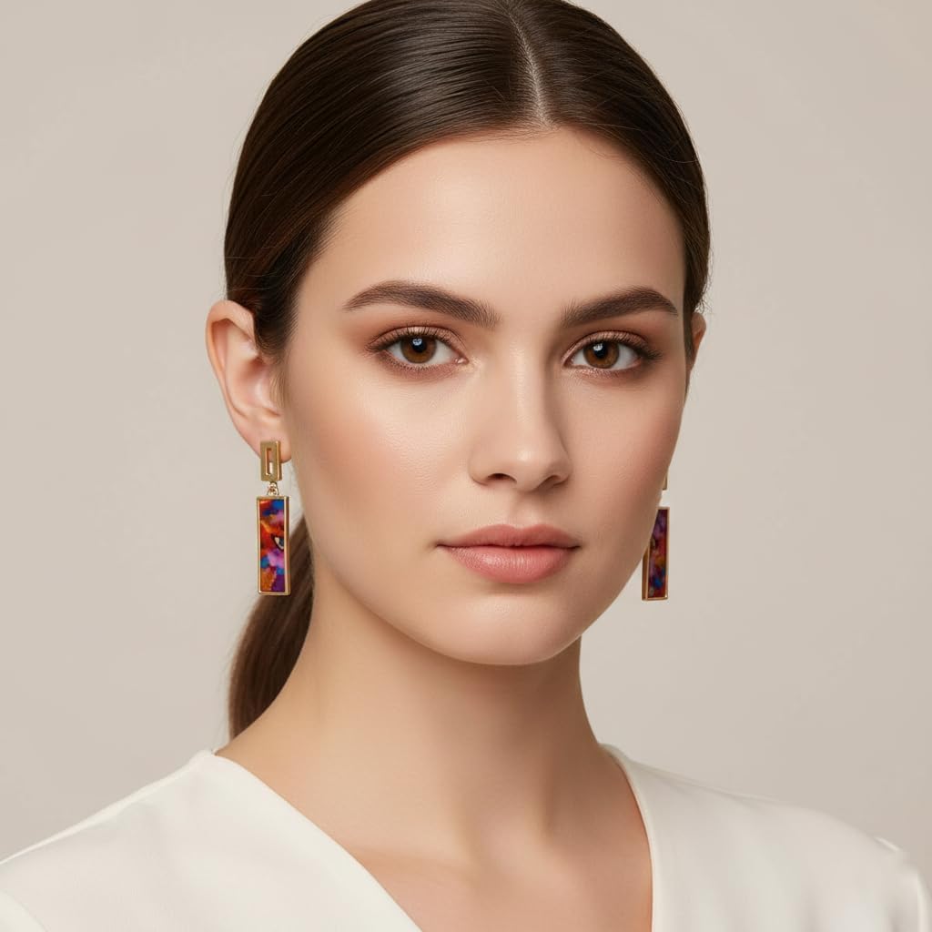 Rectangle Geometric Clip On Earrings for Women, Durable Alloy Resin Dangle Jewelry with Colorful Aesthetic, Large Drop Accessory Designed for Non-Pierced Ears
