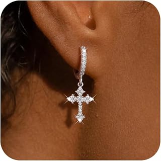 Gold Hoop Earrings For Women Men-Silver Dangle Drop Earrings,Hypoallergenic Huggie Hoop Earrings Trendy-Dainty Diamond Cubic Zirconia Cross Earrings,Simple Christmas Christian Easter Jewelry Gifts