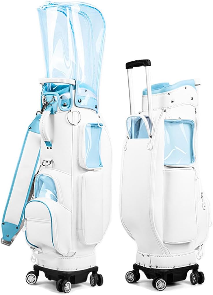 Golf Club Cart Bags for Women, Transparent Colorful Hidden Trolley Pulley Waterproof Carry Bag 4 Wheels Can Be Pushed/Towed Horizontally