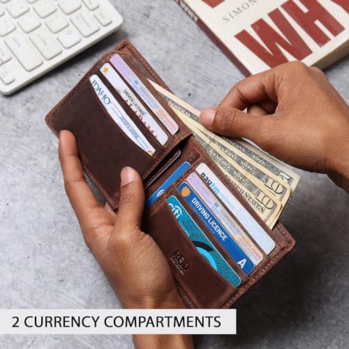 100% Genuine Hunter Leather, RFID Blocking, Bifold Wallet, Thin & Stylish with ID Window Brown Colour, Secure, Durable Extra Capacity with 9 Credit Cards slots, Gift for Him3