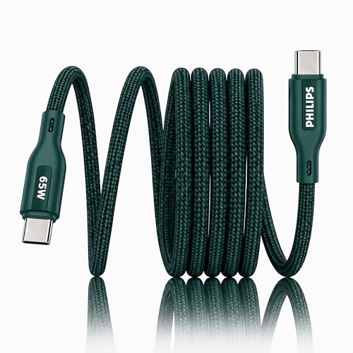 Image of PHILIPS DLC4160CT /94 65W Type-C to Type-C Fast Charging Cable (2m, Crystal Teal) | Nylon Braided | Compatible with iPhone 15+ Series, USB-C iPad Models, Samsung Galaxy & All Type C Devices