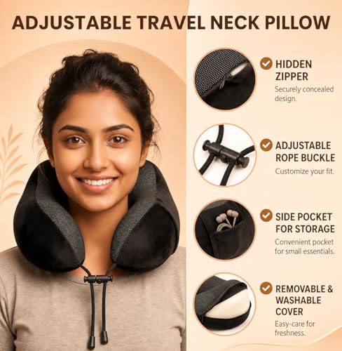 Image of DOLTAS Memory Foam Travel Pillow for Neck Pain Relief, Includes Eye Mask & Noise Isolating Ear Plugs, Portable Combo for Men & Women, Ideal for Long Flights & Road Trips | Velvet Black