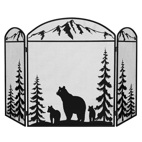 Image of Hogardeck 48 inch x 30 inch Fireplace Screen, 3 Panel Fire Place Cover for Living Room, Christmas Decoration Gate with Polar Bear for Brick Fireplace, Baby Proof, Pet Safety