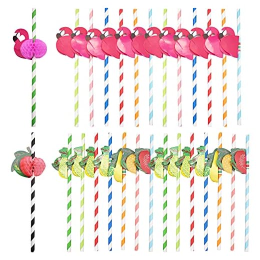 Pajitas de Papel,RoadLoo 100 Piezas Pajitas Para Beber 3D Flamingo Papel de Fruta Paja Piña Pajitas de Cóctel Pajitas para Cóctel Bebidas Tropicales Playa Cumpleaños Celebración de Bodas Fiesta